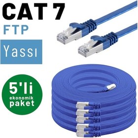 Resim 5 adet IRENIS CAT7 Kablo Yassı FTP Ethernet Kablosu, 3 mt Mavi 