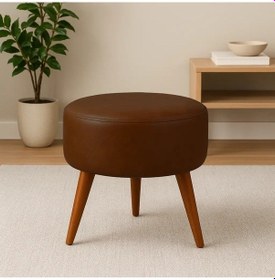 Resim Waterybrook Suni Deri Puf - Ceviz Ahşap Ayaklı - Retro Modern Tasarım & Dekoratif Sehpa Acı Kahverengi 