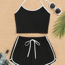Resim Kadınların Siyah İki Parçalı Askılı Spor Sütyeni ve Şort Seti - Polyester, Sırtı Açık, Örgü Kumaş, Tüm Mevsimler İçin Rahat Giyim, Ev ve Egzersiz İçin Mükemmel, Egzersiz Giyim|Minimalist Tasarım|Örgü Yapı, Spor Sütyeni 