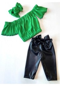 Resim Özge Başaran Kız Çocuk, Likralı Deri Fiyonk Detaylı Pantolon, Yeşil Straplez Crop Bluz Ve Saç Yeşil 