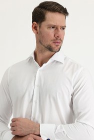 Resim Beyaz Uzun Kol Slim Fit Dar Kesim Manşetli Pamuklu Gömlek 