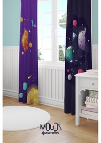 Resim Mor Uzay Desenli Fon Perde Çocuk Ve Bebek Odası Süet Baskılı Ekstrafor Büzgü 2 Kanat Prd-59 Çok Renkli 