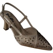 Resim Yazkış Kadın Siyah Laci Ten Gümüş Sivri Burun Üstü Taşlı 8cm Kadeh Topuk Abiye Ayakkabı Krem 