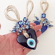 Resim 1 adet Boho Tarzı El Yapımı Türk Mavi Nazar Boncuk Kalp Pırlanta - Cam Boncuk ile Mavi Oval Boncuklar - Elektrik Gerektirmez - Tüysüz - Duvar Süsü, Araba Dekoru ve Ev Aksesuarları için Mükemmel - Özel Koruyucu Amulet Hediye 