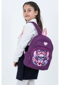 Resim Mor Stitch Figürlü Kız Çocuk Anaokulu Sırt Çantası Çiçek Desenli, Ergonomik Kreş Çantası Mor 