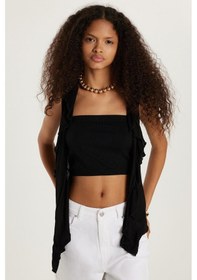 Resim Tudors Kadın Slim Fit Dar Kesim Sıfır Kollu V Yaka Siyah Hırka-34078 Siyah 
