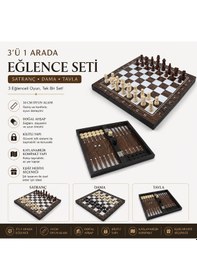 Resim Lüks Ahşap Ceviz Görünümlü Katlanabilir 3 Ü 1 Arada Satranç Dama Tavla Seti 34 X 34 Cm Oyun Takımı 