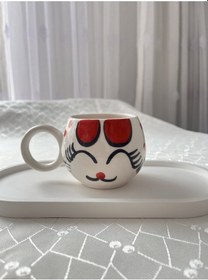Resim El Yapımı Kedili Kahve Fincanı 180 Cc Kırmızı 