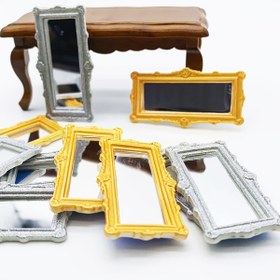 Resim 2 adet Bebek Evi mini retro tam boy ayna altın ve gümüş kare oyma aksesuarlar minyatür yaşam sahnesi modeli 