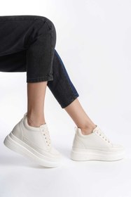 Resim She KADIN İÇTEN GİZLİ TOPUKLU TEN KREM SPOR AYAKKABI SNEAKER 