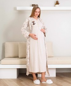 Resim Lohusa Gecelik ve Sabahlıklı Hamile Gecelik / Kısa Kollu, Nakışlı Gecelik ve Desenli Sabahlık Takımı - 2289 - Somon / 2XL / Terlik ve Taç Seti İstemiyorum 