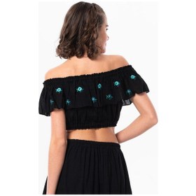 Resim Eliş Şile Bezi Lavinya Vual Lastik Detaylı Nakışlı Yazlık Crop Bluz Siyah Syh-siyah Siyah 