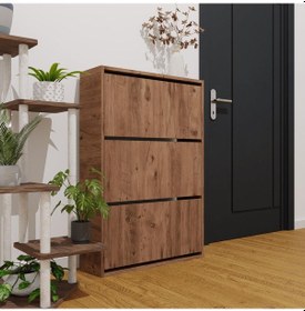 Resim Düşer Kapak Ayakkabılık Kayar Raflı Ayakkabılık 3 Bölmeli Atlantik Çam 