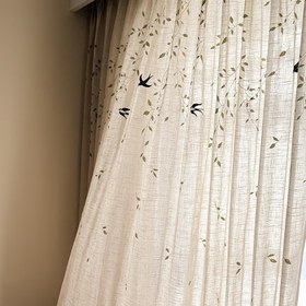 Resim Şık Çin Tarzı Yarı Şeffaf Perdeler - Rustik Yaprak Deseni, Çubuk Cebi Tasarımı, Polyester, Oturma Odası veya Yatak Odası Dekorasyonu için Mükemmel, Sadece Elde Yıkama, Oturma Odası Perdeleri 