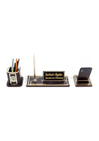 Resim Space Jandarmaya Özel Kalemlikli Ahşap Masa Seti Mermer Desenli Hediye Ofis Dekoratif Masa Üstü İsimlik 