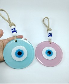 Resim Toz Pembe Ve Cam Göbeği Renkli Cam Nazar Boncuğu El Yapımı Ikili 