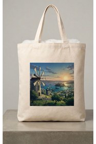Resim Fi Hediyelik Bodrum Temalı Çiçekli İllüstrasyon Baskılı Ham Bez Tote Bag Plaj Yazlık Günlük Çanta 
