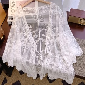 Resim Bohemian halk stilinde açık işlemeli V yaka dantel hırka 