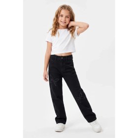 Resim Joy Kids Kız Çocuk Kelebek Nakışlı Siyah Yumuşak Kot Pantolon (3-8yaş) (Siyah) 