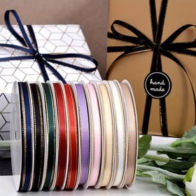 Resim Çiçek, Noel, Yılbaşı, Düğün, Kek Süsleme, DIY El Sanatları için 6mm Genişlik, 22m Uzunluk, Altın Kenarlı Saten Kurdele, Kumaş Hediye Sarma 