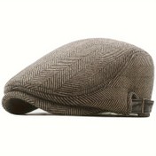 Resim Vintage Newsboy Kapağı - Sıcak & Şık Balık Otu Desenli Sarmısak Şapka, Sonbahar & Kış için Suni Deri Bantlı, Pamuk/Polyester Karışımı, Dış Mekan Aksesuarları|Çok Yönlü Moda Kapağı|Pamuk Karışımı Kapağı 