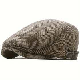 Resim Vintage Newsboy Kapağı - Sıcak & Şık Balık Otu Desenli Sarmısak Şapka, Sonbahar & Kış için Suni Deri Bantlı, Pamuk/Polyester Karışımı, Dış Mekan Aksesuarları|Çok Yönlü Moda Kapağı|Pamuk Karışımı Kapağı 