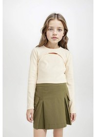 Resim DeFacto Kız Çocuk Pile Detaylı Cepli Gabardin Etek D3212A824WNKH262 Haki 
