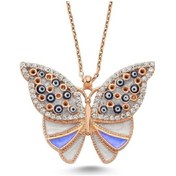 Resim Eflatun Mineli Rose Sır Kelebek Kolye 