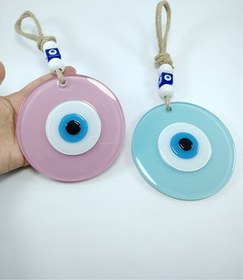 Resim Toz Pembe Ve Cam Göbeği Renkli Cam Nazar Boncuğu El Yapımı Ikili 