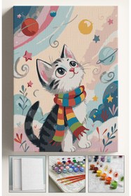 Resim Su'lepas Sayılarla Boyama Çerçeveli Hobi Seti Numaralı Tuval Fırça Boya Dahil Kasnaklı KIŞ VE KEDİ 40X50 Cm 
