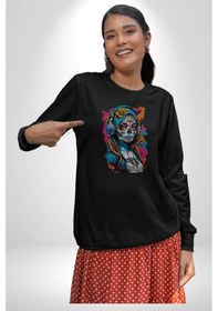 Resim Kulaklık Müzik Dinleyen Kız Unisex Siyah Baskılı Sweatshirt Siyah 