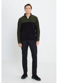 Resim AC&Co / Altınyıldız Classics Erkek HAKI-SIYAH Anti-Pilling Tüylenme Yapmayan Standart Fit Bato Yaka İçi Polarlı Polar Sweatshirt 4A5221100015HSYXL 