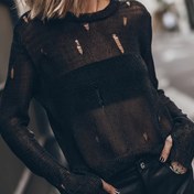 Resim Yırtık Düz Renk Uzun Kollu Kazak, Rahat Yaka Örgü Yarı Şeffaf Kazak Bahar ve Sonbahar İçin, Kadın Giyim 