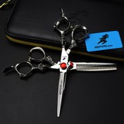 Resim 15.24 cm Kılıç Şekilli Ejderha Saplı Kuaförlük Makası, İnceltme Makası, Sağ El, Unisex, Siyah ve Altın, Sarı Tarak ve Kılıf ile, Normal Saçlar için, Sağ El Makası 