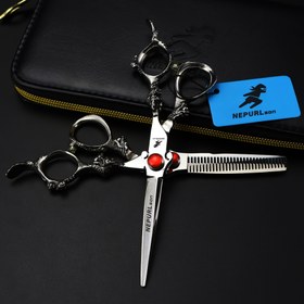 Resim 15.24 cm Kılıç Şekilli Ejderha Saplı Kuaförlük Makası, İnceltme Makası, Sağ El, Unisex, Siyah ve Altın, Sarı Tarak ve Kılıf ile, Normal Saçlar için, Sağ El Makası 