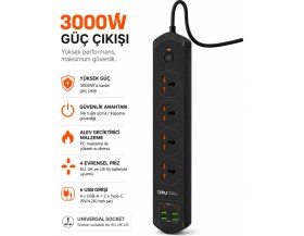 Resim Lisa Butik 10 Girişli 4+4 USB + 2 Type-C Çoklu Priz 2 M Kablolu Akım Korumalı Anahtarlı Uzatma Grup Priz 3000W 