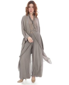 Resim Bohem Stil Italyan Ipek Detaylı Oversize Kap Bluz- Wes Pantolon Takım-8789 Vizon 