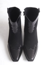 Resim Solo Bag Paslanmaz Çelik Detaylı Hakiki Süet Deri Nakış Detaylı Şık Kısa Kovboy Siyah Çizme 