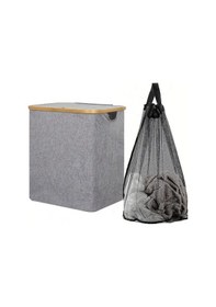 Resim 60 Lt Katlanır Kumaş Bambu Çamaşır Sepeti İçi Fileli Kirli Çamaşır Sepeti Gri 