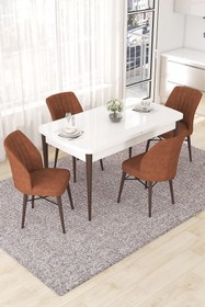 Resim Canisa Nef Serisi 70x114 Açılabilir Mdf Beyaz Masa Ceviz Ayak Masa Takımı Ve 4 Kiremit Sandalye 
