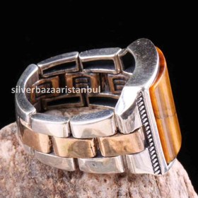 Resim Tigers Eye Stone Jewelry Clock 925 Sterling Silver Men Ring - US: 12.25 / 68.5 mm / Turk: 28.5 