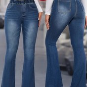 Resim taklit denim Dijital Baskılı Flared Pantolonlar, Taklit Denim'i Taklit Eder, Ama Taklit Denim Kumaşından Değildir. 
