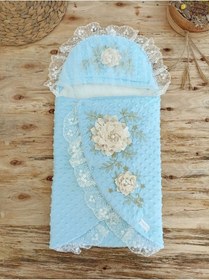 Resim %100 Pamuk Yenidoğan Pembe Kız Bebek Kundağı - Dantelli & Duvaklı Bebek Battaniyesi Mavi 