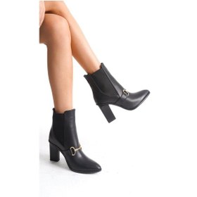 Resim Mubiano Hakiki Deri Collection Kadın Metal Tokalı Lastik Detaylı Topuklu Kısa Bot Siyah - Mcalm2262 - S Siyah 