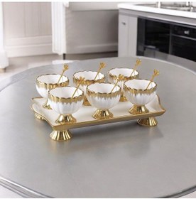 Resim Autumn Gold Detaylı Metal Kaşıklı Porselen 6'lı Dondurma Kase Seti Çerezlik Reçellik Sosluk 