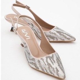 Resim Luvi Shoes Ushes Bej Saten Taşlı Kadın Kısa Topuklu Abiye Ayakkabı Bej 