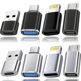 Resim 4'lü/8'li Hepsi Bir Arada USB Adaptörü, USB/USB-C/Lightning/Micro Arayüz Dönüştürücü, Siyah ve Beyaz Renkler, Hızlı Şarj + Transfer Tek Kademede, for iPhone 17/16/15/14/13/12/11 için Uygun 