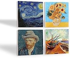 Resim Van Gogh Balıkçı Tekneleri, On İki Ayçiçekli Vazo, Yıldızlı Gece, Otoportre Taş Bardak Altlığı Seti - 4 Parça - Dekoratif, Rustik Mutfak Aksesuarı, 10x10 cm, Kaydırmaz Tabanlı SC154 