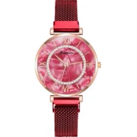 Resim Hanyang Kırmızı Yeni Bayanlar Lüks Saatler Örgü Mıknatıs Toka Kristal Kuvars Izle Kadınlar Için Küçük Rahat Bilezik Saatler Relogio Feminino Saat (Yurt Dışından) 