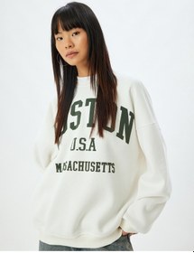Resim Koton Oversize Sweatshirt Bisiklet Yaka Kolej Baskılı Uzun Kollu Ekru 5wal10170ık Ekru 